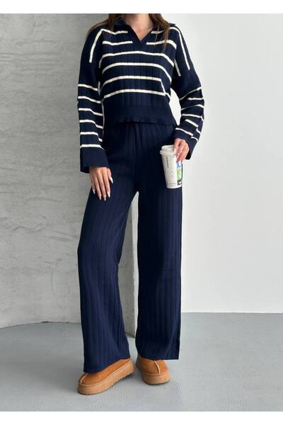 MODAMERSİ Women's Navy Blue Polo Neck Striped Sweater Pants Knitwear Set