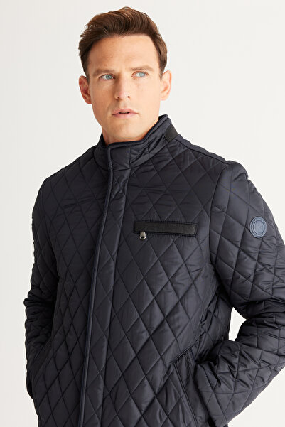 ALTINYILDIZ CLASSICS Men's Navy Blue Standard Fit Normal Cut Stand Collar Quilted Patterned Overcoat