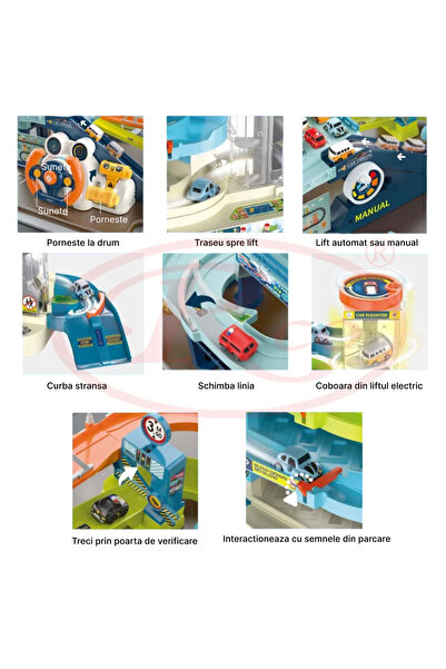 RCO 2 in 1 Set, Interactive Parking with Automatic Lift, Spiral Tracks and 6 Mini Cars, Lights and Sounds