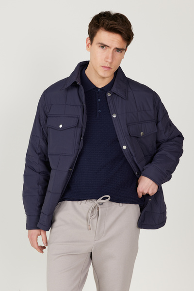 ALTINYILDIZ CLASSICS Men's Navy Blue Standard Fit Regular Cut Shirt Collar Coat