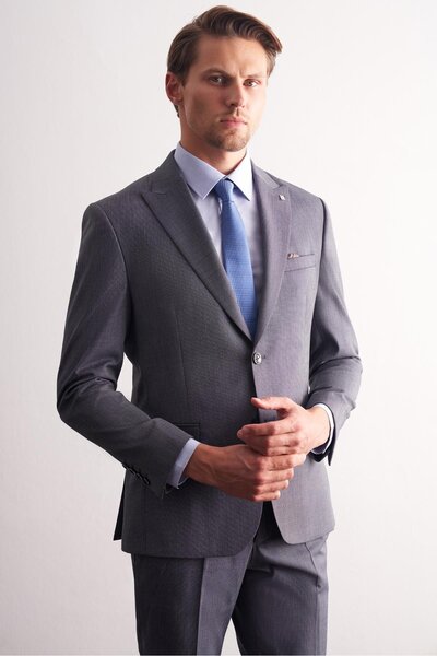 İmza Smoked Swallow Collar Self Patterned Flexible Waist Slim Fit 6 Drop Suit 1001255168