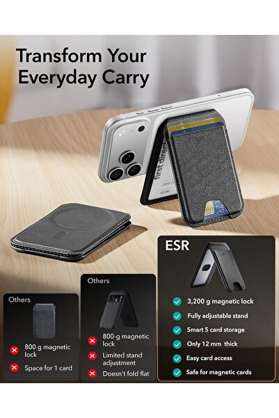 ESR MagSafe Wallet, 5-Card RFID Blocking, Adjustable Stand, Vegan Leather, Black