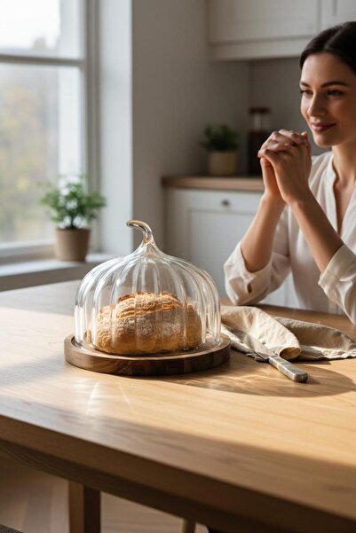 ANJEAHOME Barletta Acacia Base Glass Cake Pan |   24X24X19 cm |   Stylish and Healthy Presentation Fan with Transparent Cover