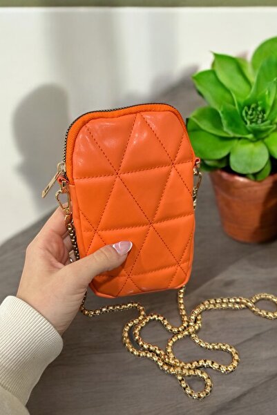 Stilgo Women's 2-Piece Long Gold Chain Detailed Phone Bag Set Orange Green