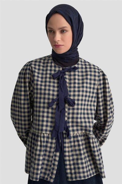Armine Bağlamalı Karpuz Kol Ekose Tunik 25KM1025 Lacivert