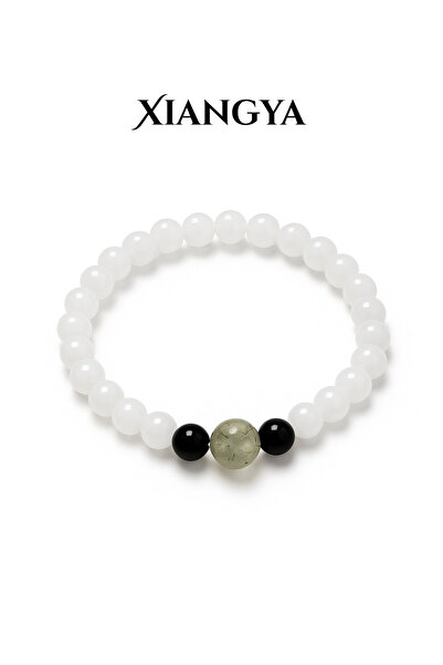 XIANGYA White Jade Glass with Black Obsidian and Prehnite Bead | Mist & Shadow