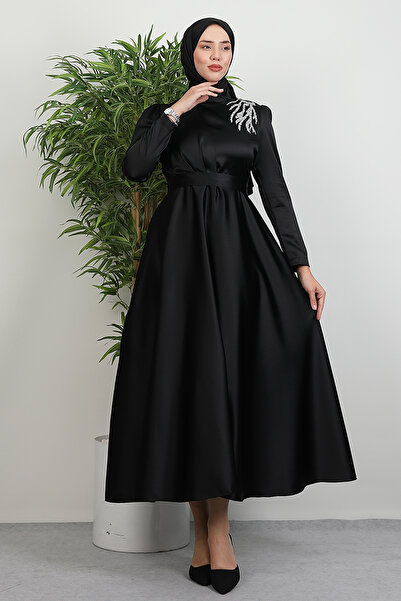 Lamia Giyim Omzu Taşlı Saten Abiye Siyah