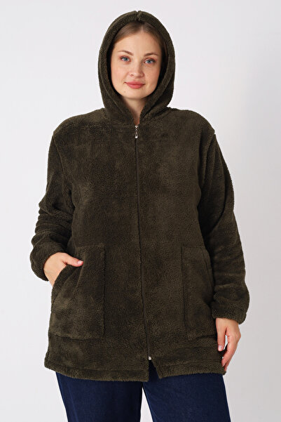 İntensive Khaki Women's Plus Size Soft Plush Sweatshirt with Hooded Zipper Pockets