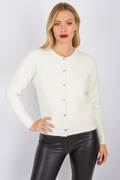 Minora MinoraLady Cardigan pentru femei Ecru basic guler rotund cu textura moale