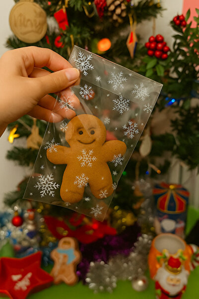 Dekals 25 Adet 13x23 Gıdaya Uygun Kar Desenli OPP Şeffaf Poşet Bantlı Kurabiye Şeker Poşeti