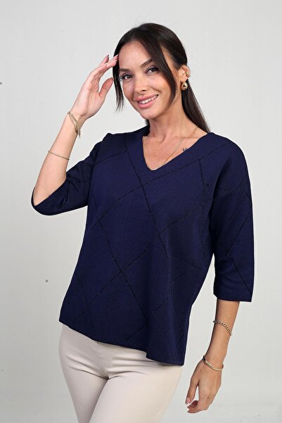 By Saygı Women's V-Neck Argyle Patterned Half Sleeve Glitter Blouse