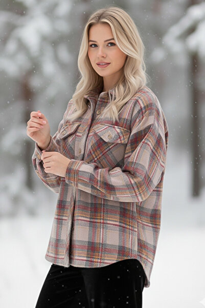 Chiccy Beige Shirt Plaid with Shirt Collar Cuffed Sleeves Double Flap Pockets Thick Casual Oversized Woven Shirt 68 66