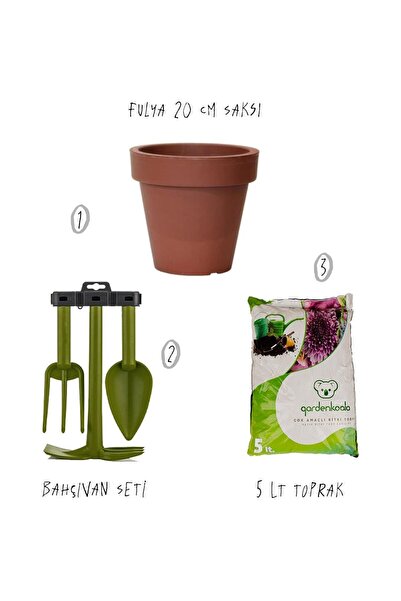 gardenkoala 3'Lü Set - Fulya 20 cm Saksı - Bahçıvan Seti - 5 Lt Toprak