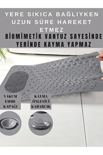 ZUZU MADE Gri Vantuzlu Banyo ve Duş Kaydırmazı Duşa Kabin Küvet İçi Vantuzlu Banyo Paspası 36x69,5 cm