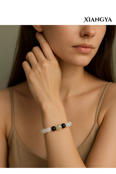 XIANGYA White Jade Glass with Black Obsidian and Prehnite Bead | Mist & Shadow