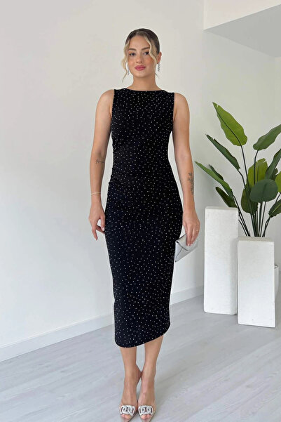 MARTYZ Taşlı Kolsuz Drapeli Arkası Yırtmaçlı Krep Midi Elbise