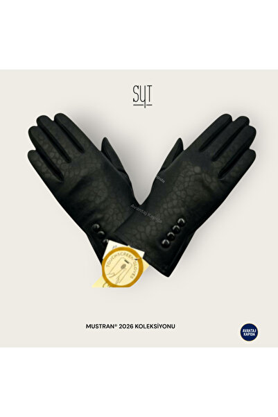 Mustran قفازات نسائية من Syt سوداء بنقشة جلد الثعبان تعمل باللمس | موديل شتوي أنيق مع تفاصيل زر.