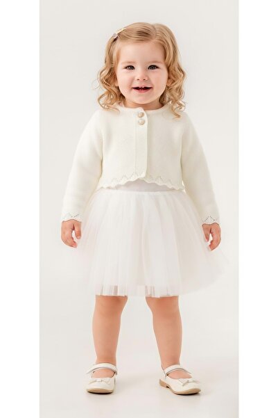 Mnk Baby&Kids Baby Girl Dress with Knitwear Bolero M00772 Ecru