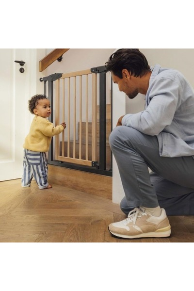 Selgot Poartă de siguranță din lemn cu cadru de oțel pentru scări și uși, lățime reglabilă 74-100 cm