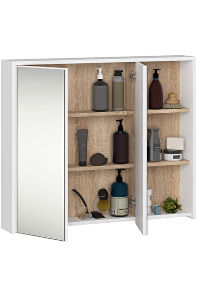 SERSIMO Wall-mounted bathroom cabinet with mirror, 2 doors and 3 interior shelves, 16 mm, 90x15x75 cm, white
