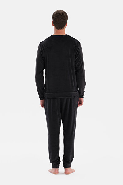 Dagi Black Crew Neck Long Sleeve Velvet T-Shirt Pants Pajama Set