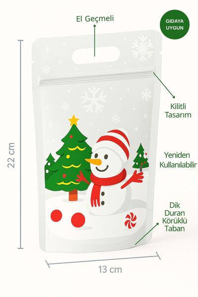 Dekals 10 Adet Dik Duran El geçmeli Kilitli Kurabiye Poşeti Kardan Adam Desenli Doypack Hediye Poşeti