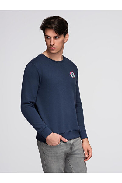OMBRE Pánská mikina s kulatým výstřihem a výšivkou - tmavě modrá V2 B1713