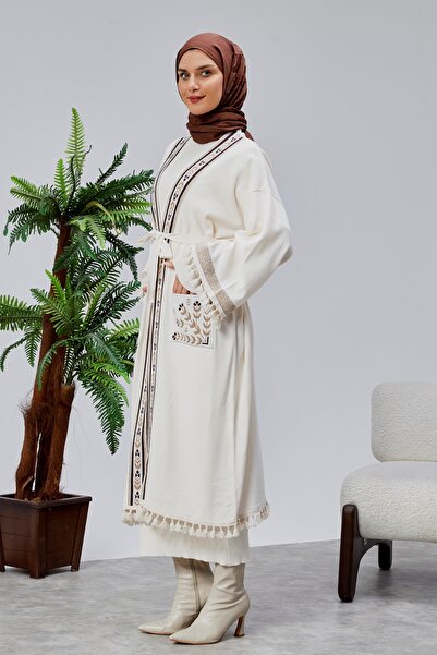 CNR TEKSTİL Ethnic Patterned Tassel Tricot Kimono