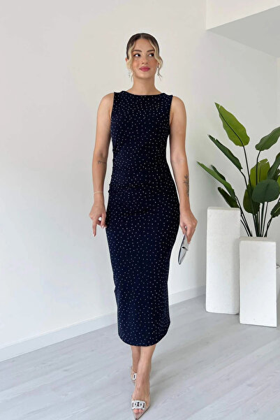 MARTYZ Taşlı Kolsuz Drapeli Arkası Yırtmaçlı Krep Midi Elbise