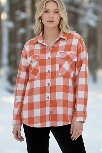 Chiccy Orange-White Shirt Plaid with Shirt Collar Cuffed Sleeves Double Flap Pockets Thick Oversized Woven Shirt 68 66