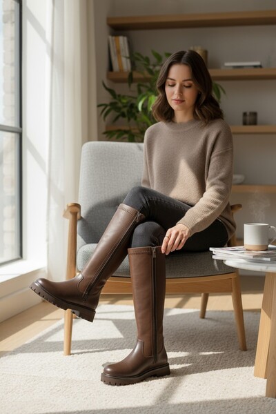 VeliKundura Brown Adjustable Stretch Zippered Thick Sole Women's Boots