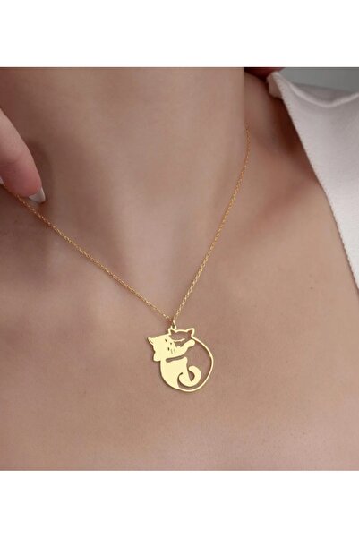 Butik Sarılmış Kedi Figürlü 925 Ayar Gümüş Kolye
