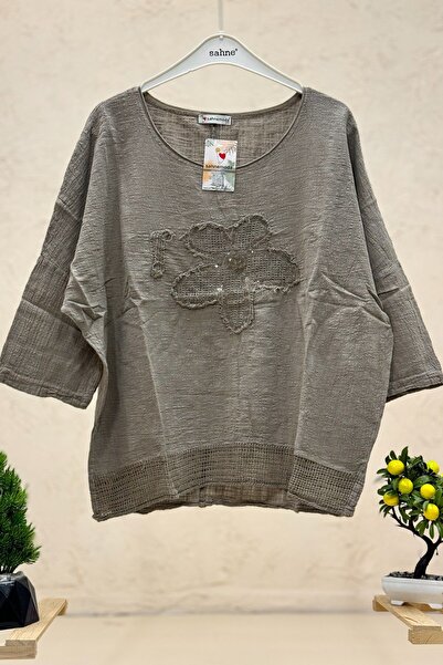 sahnemoda بلوزة كابري فضية من الكتان الفضي المزينة بالزهور