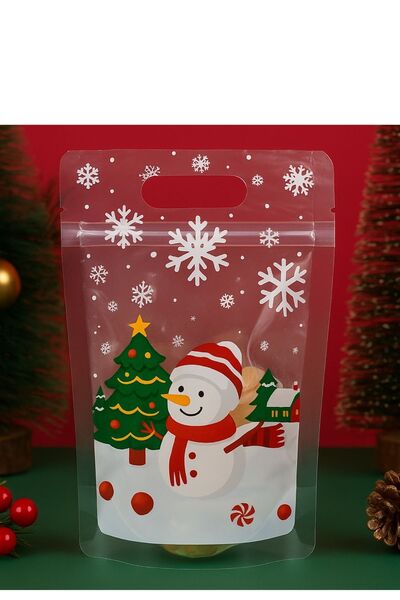 Dekals 10 Adet Dik Duran El geçmeli Kilitli Kurabiye Poşeti Kardan Adam Desenli Doypack Hediye Poşeti