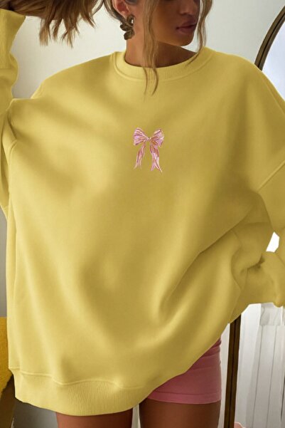 The Champ Clothing Women's Oversized Sweat Dress Pink Ribbon Printed Yellow – Crew Neck, 3 Thread Fleece-Lined Fleece