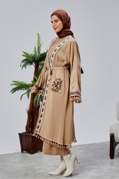 CNR TEKSTİL Ethnic Patterned Tassel Tricot Kimono