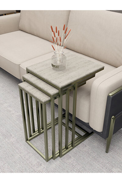 Dekoport Mira 3 lü Zigon Sehpa - Yan Sehpa Metal Ayak Mdf Membran Kaplama