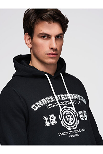 OMBRE Pánská mikina s kapucí a grafikou - černá V3 B1714