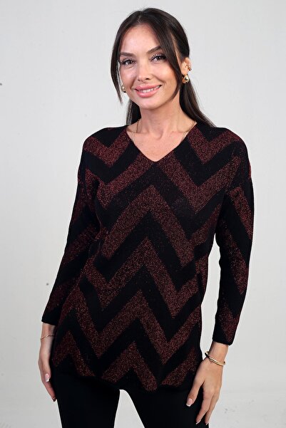 By Saygı Women's V-Neck Zigzag Patterned Plus Size Intermittent Glitter Blouse