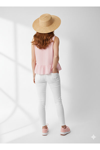 ribana Striped Seersucker Sleeveless Blouse with Bow Detail