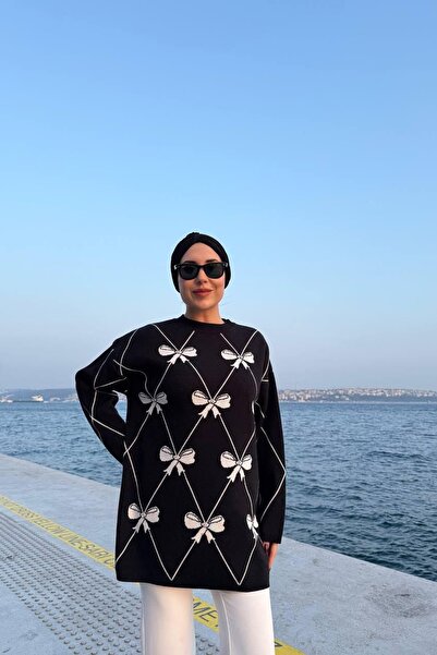 Kirazca Butik Women's Bow Patterned Stone Knitwear Tunic Sweater