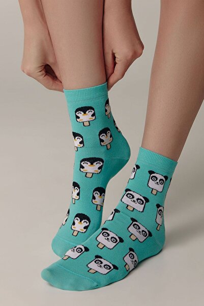 Conte Elegant Funny cotton socks with Panda and Penguin pattern, Conte Happy 372 - Turquoise, 36-39 (23-25)