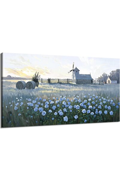 Emoda home Trove لوحة فنية جدارية من القماش بإطار ريفي (60×120 سم) - منظر طاحونة هوائية وردية زرقاء