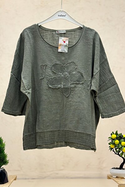 sahnemoda بلوزة كابري فضية من الكتان الفضي المزينة بالزهور