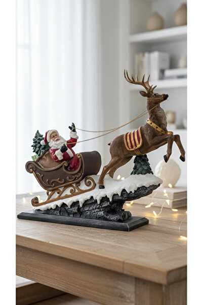 Dekoromi Dekoratif Yılbaşı Noel Baba Heykeli Kızaklı Obje Biblo (54x50cm)