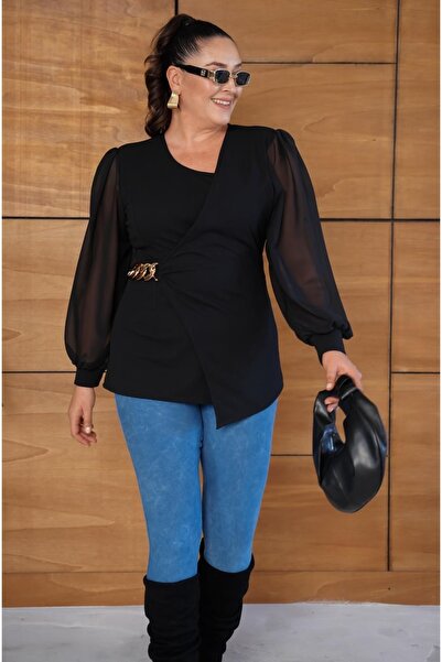 Butik Nilyam Women's Plus Size Double-Breasted Collar Chiffon Sleeve Chain Brooch Detailed Blouse 25008 Black