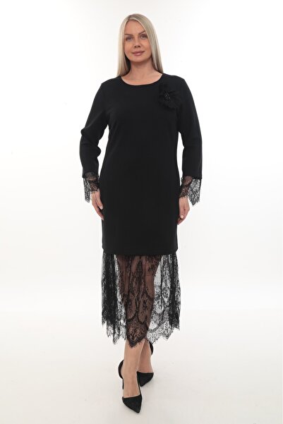 etselements Μακρύ μαύρο βραδινό φόρεμα με δαντέλα