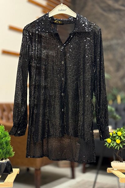 sahnemoda Yakalı Pul Payetli Uzun Gömlek