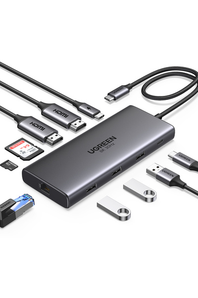 Ugreen Revedok Pro 210 10-in-1 Type-C Giriş 2xUSB-A 2.0, 1xUSB-A 3.0, 2xUSB-C, 2xHDMI 8K/4K, SD, TF,
