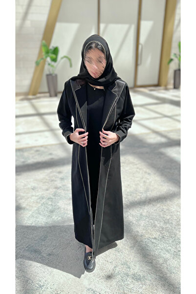 AYA عباية بليزر سوداء مع حافة من الساتان